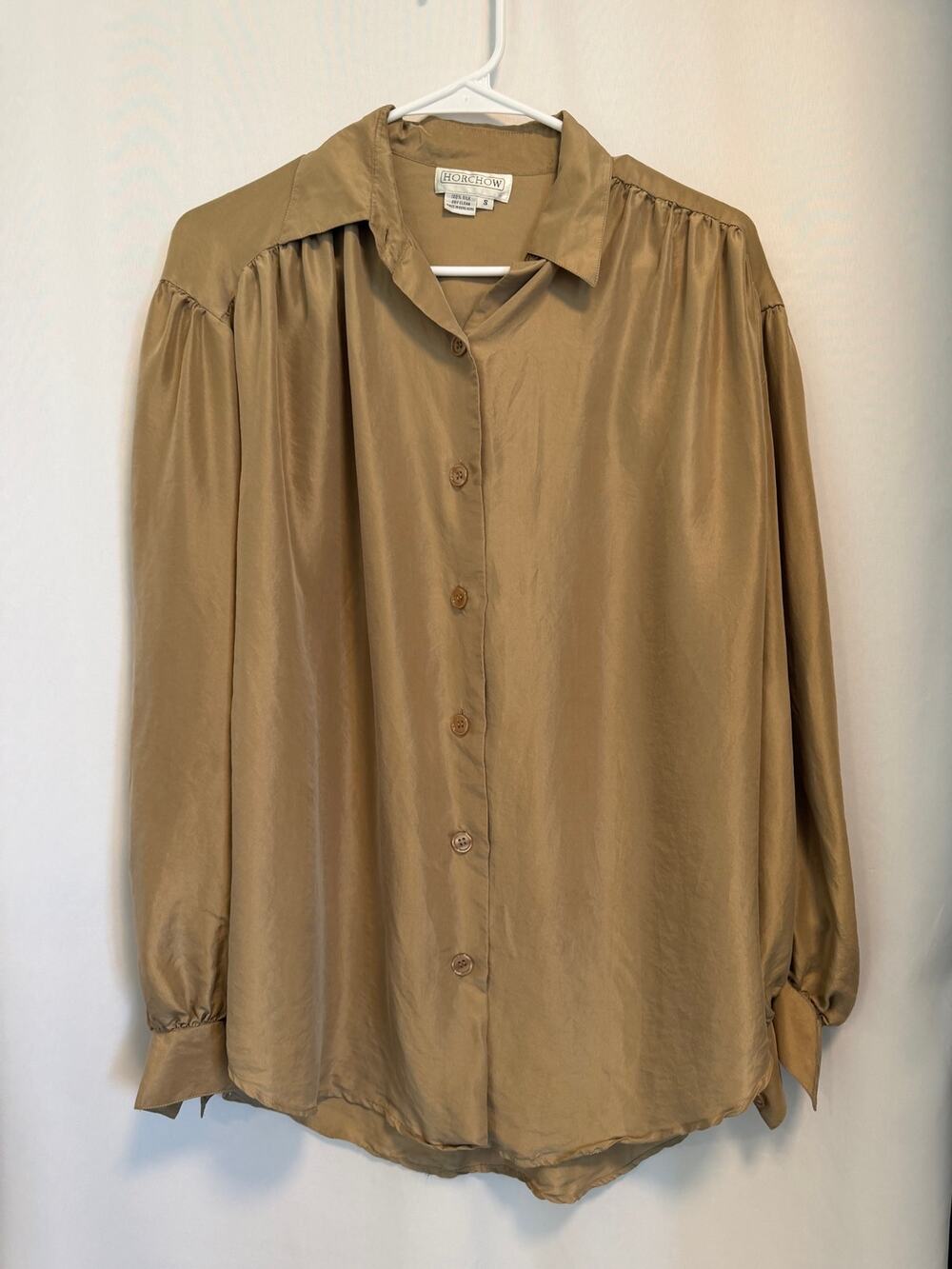 VINTAGE Horchow 100% SILK Tan Brown Long-Sleeve Button-Down Shirt-S